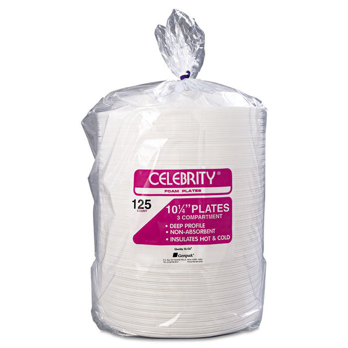 Foam Dinnerware, Plate, 3-Comp, 10 1/4" dia, White, 125/Pack, 4 Packs/Carton