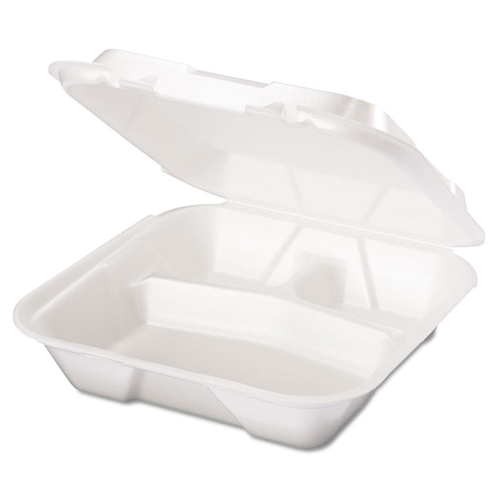 Snap It Foam Container, 3-Comp, 9 1/4 x 9 1/4 x 3, White, 100/Bag, 2 Bags/Carton