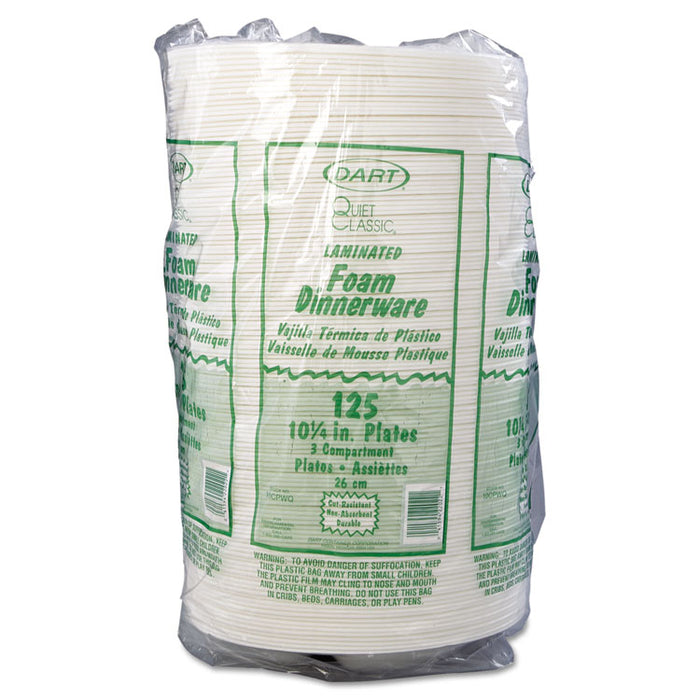 Laminated Foam Dinnerware, Plate, 3-Comp, 10 1/4", White, 125/Pk, 4 Pks/Ctn