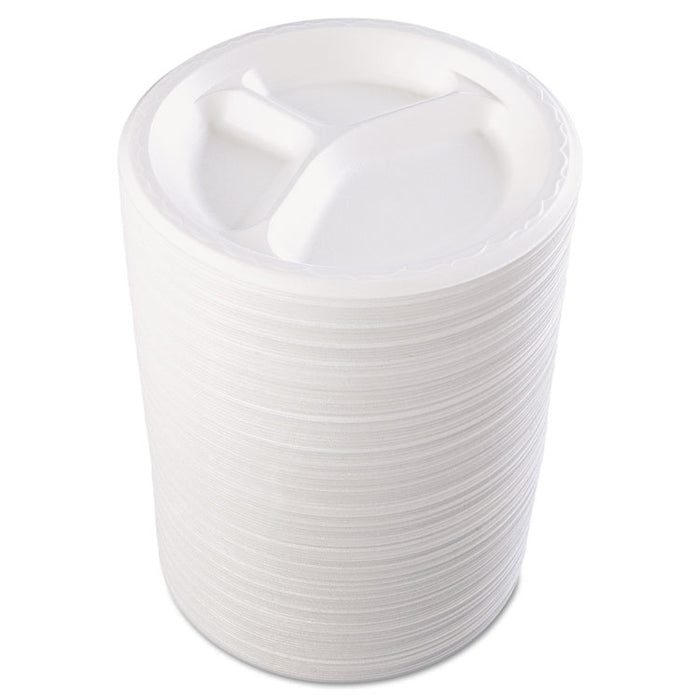 Foam Dinnerware, Plate, 3-Comp, 8 7/8" dia, White, 125/Pack, 4 Packs/Carton