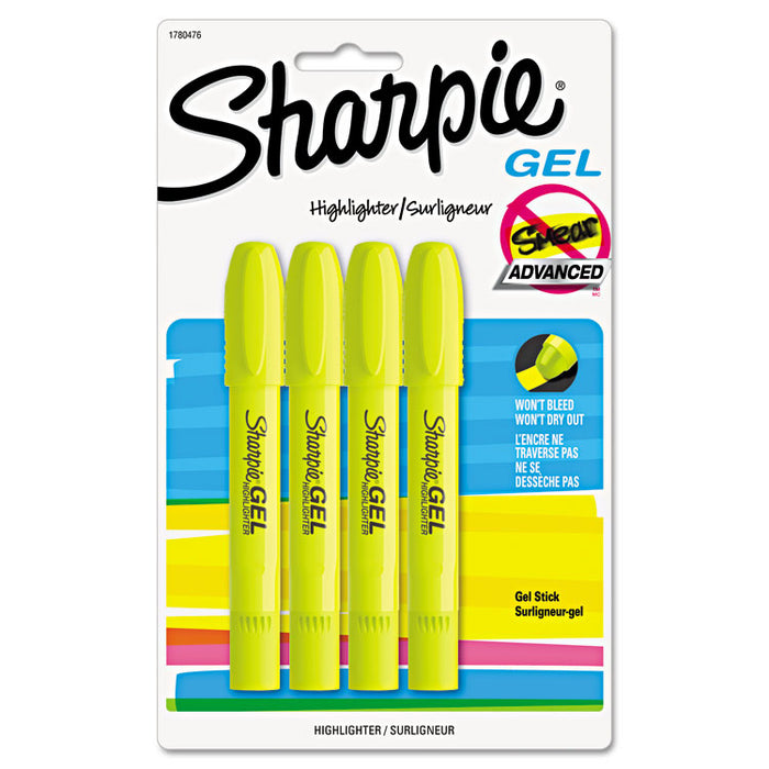 Gel Highlighters, Bullet Tip, Fluorescent Yellow, 4/Pack