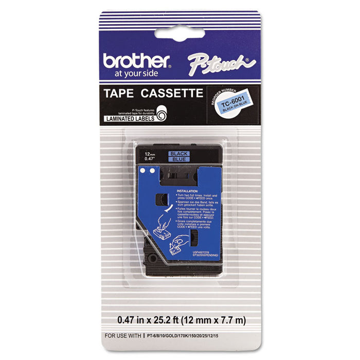 TC Tape Cartridge for P-Touch Labelers, 0.47" x 25.2 ft, Black on Blue