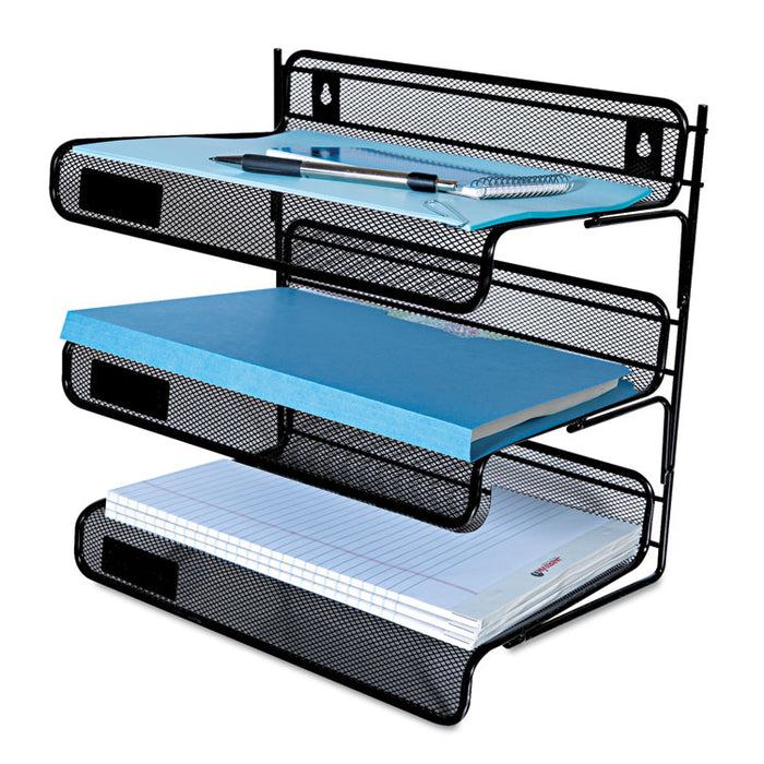 Deluxe Mesh Three-Tier Desk Shelf, 3 Sections, Letter Size Files, 13.25" x 9.25" x 12.38", Black