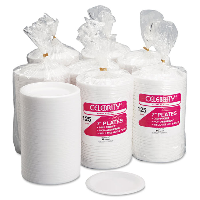 Celebrity Foam Plates, 7 Inches, White, Round, 125/Pack