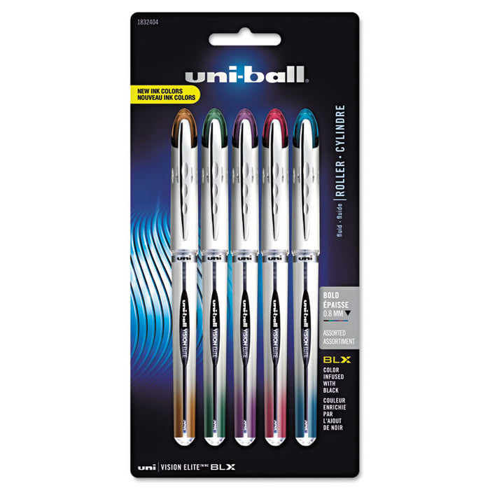 VISION ELITE BLX Series Roller Ball Pen, Stick, Bold 0.8 mm, Assorted Ink and Barrel Colors, 5/Pack