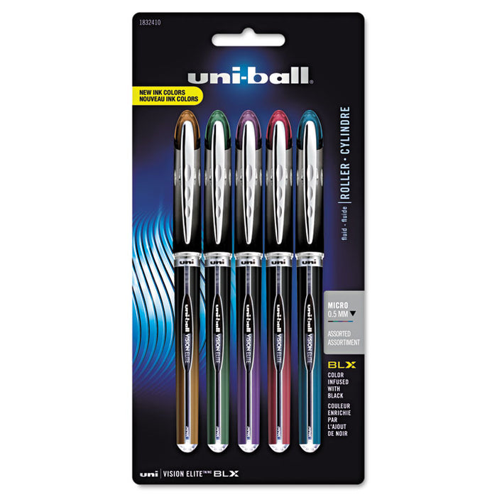 VISION ELITE BLX Series Roller Ball Pen, Stick, Micro 0.5 mm, Assorted Ink and Barrel Colors, 5/Pack