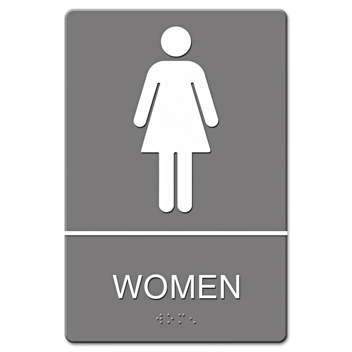 ADA Sign, Women Restroom Symbol w/Tactile Graphic, Molded Plastic, 6 x 9, Gray