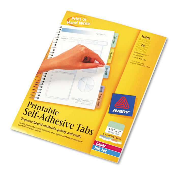 Printable Plastic Tabs with Repositionable Adhesive, 1/5-Cut, Assorted Colors, 1.25" Wide, 96/Pack
