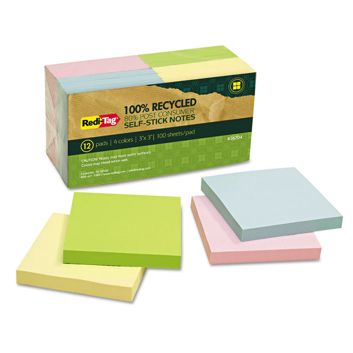 100% Recycled Self-Stick Notes, 3" x 3", Assorted Pastel Colors, 100 Sheets/Pad, 12 Pads/Pack