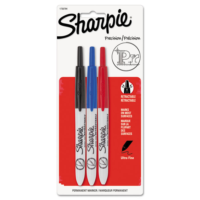 Retractable Permanent Marker, Extra-Fine Needle Tip, Assorted Colors, 3/Set