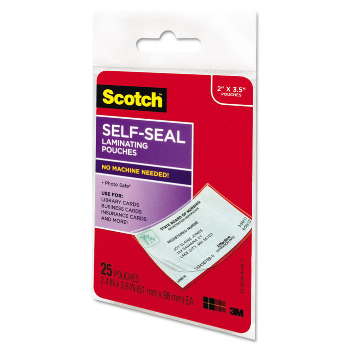 Self-Sealing Laminating Pouches, 9.5 mil, 3.88" x 2.44", Gloss Clear, 25/Pack