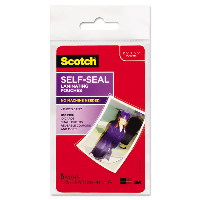 Self-Sealing Laminating Pouches, 9.5 mil, 2.81" x 3.75", Gloss Clear, 5/Pack