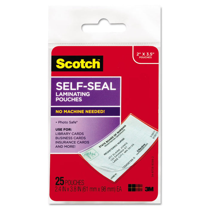 Self-Sealing Laminating Pouches, 9.5 mil, 3.88" x 2.44", Gloss Clear, 25/Pack