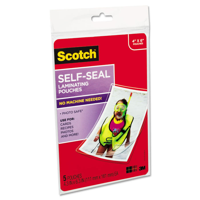 Self-Sealing Laminating Pouches, 9.5 mil, 4.38" x 6.38", Gloss Clear, 5/Pack