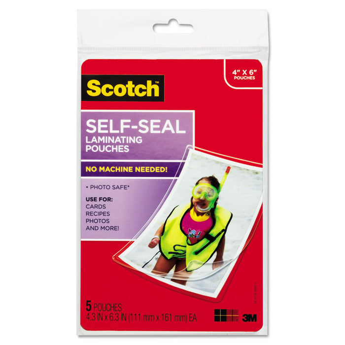 Self-Sealing Laminating Pouches, 9.5 mil, 4.38" x 6.38", Gloss Clear, 5/Pack