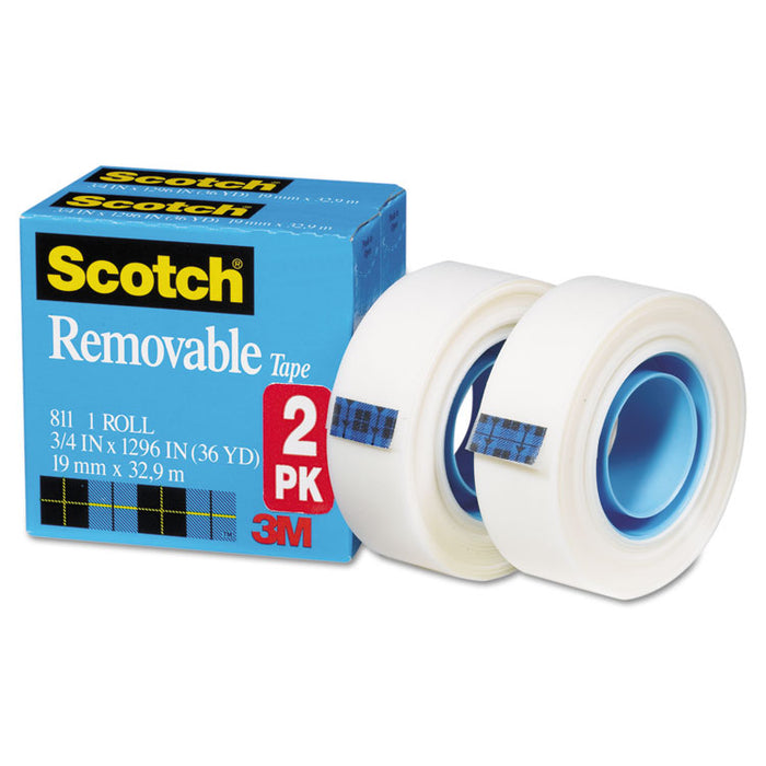 Removable Tape, 1" Core, 0.75" x 36 yds, Transparent, 2/Pack