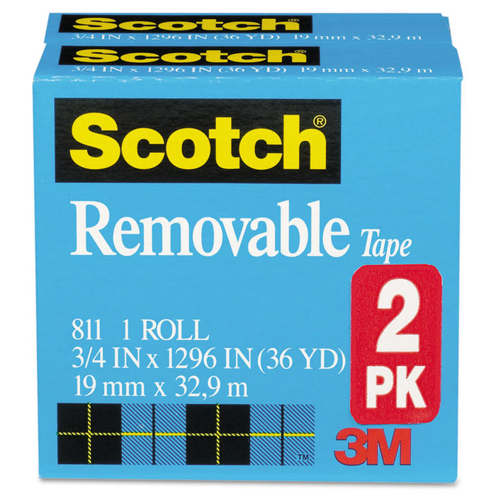 Removable Tape, 1" Core, 0.75" x 36 yds, Transparent, 2/Pack