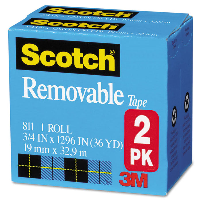 Removable Tape, 1" Core, 0.75" x 36 yds, Transparent, 2/Pack
