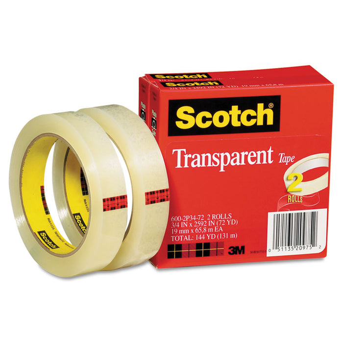 Transparent Tape, 3" Core, 0.75" x 72 yds, Transparent, 2/Pack