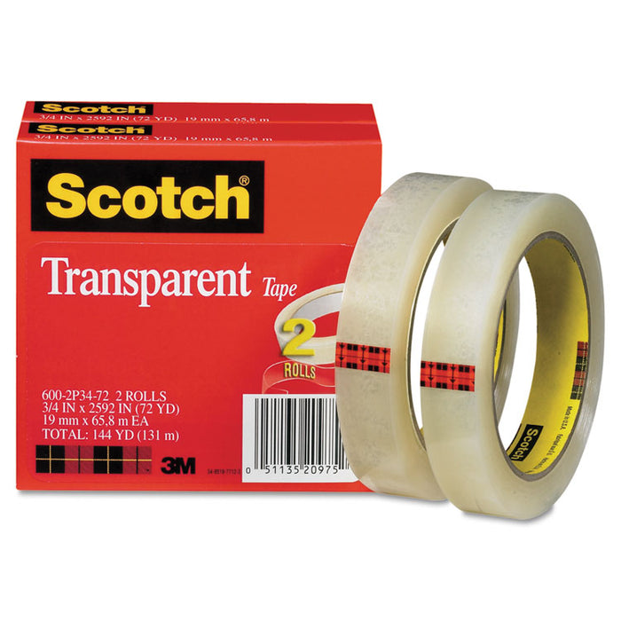 Transparent Tape, 3" Core, 0.75" x 72 yds, Transparent, 2/Pack