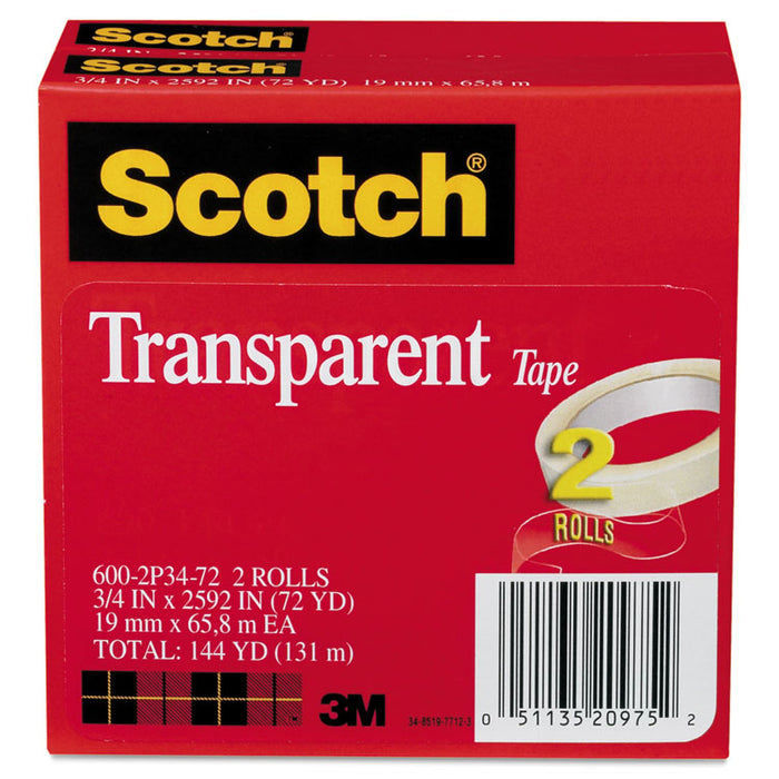 Transparent Tape, 3" Core, 0.75" x 72 yds, Transparent, 2/Pack