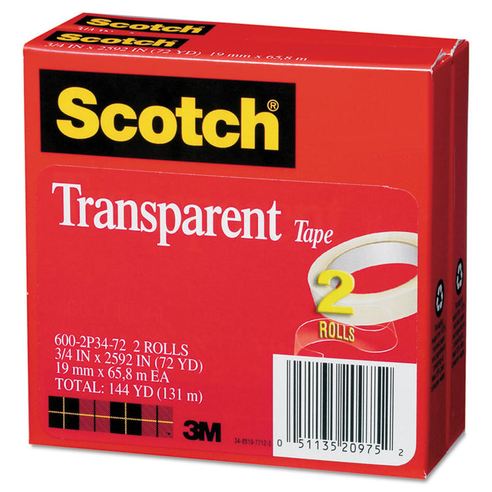 Transparent Tape, 3" Core, 0.75" x 72 yds, Transparent, 2/Pack