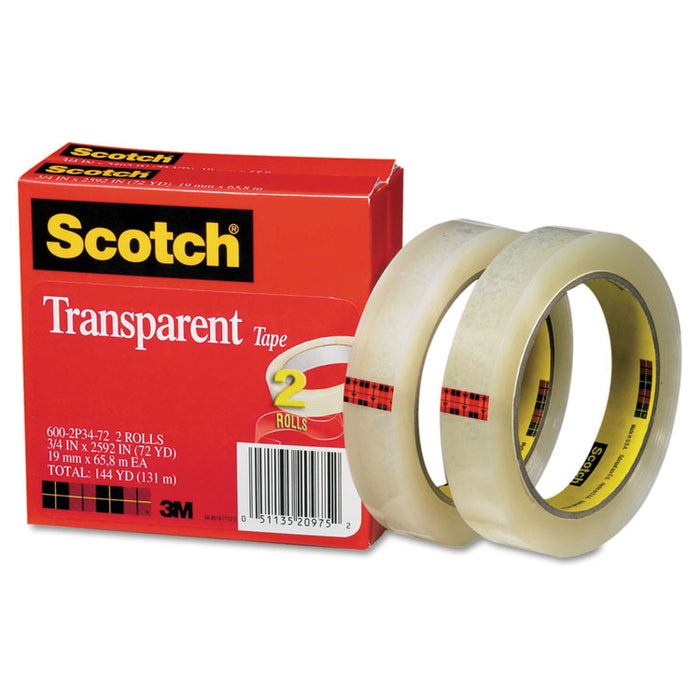 Transparent Tape, 3" Core, 0.75" x 72 yds, Transparent, 2/Pack
