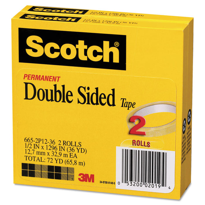 Double-Sided Tape, 3" Core, 0.5" x 36 yds, Clear, 2/Pack