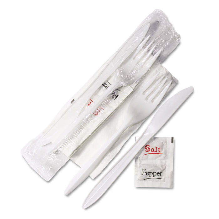 WraPolypropyleneed Cutlery Kit, 6 1/4", Fork/Knife/Napkin/Salt/PePolypropyleneer, White, 500/Carton