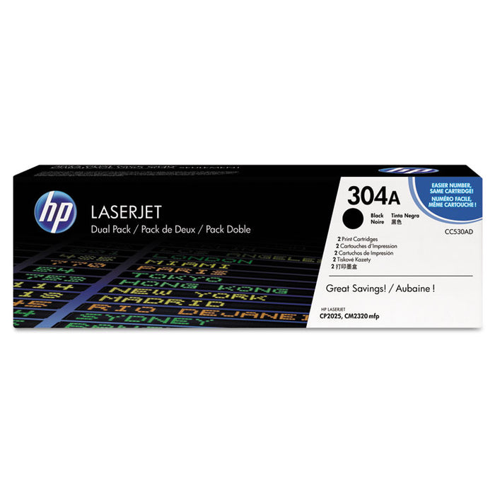 HP 304A, (CC530A-D) 2-pack Black Original LaserJet Toner Cartridges