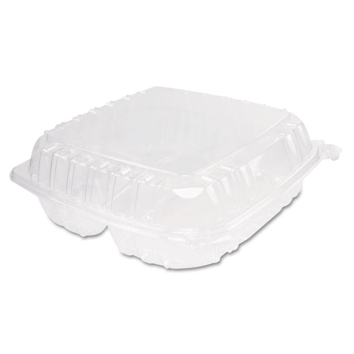 ClearSeal Hinged-Lid Plastic Containers, 3-Compartment, 9.4 x 8.9 x 3, Plastic, 100/Bag, 2 Bags/Carton