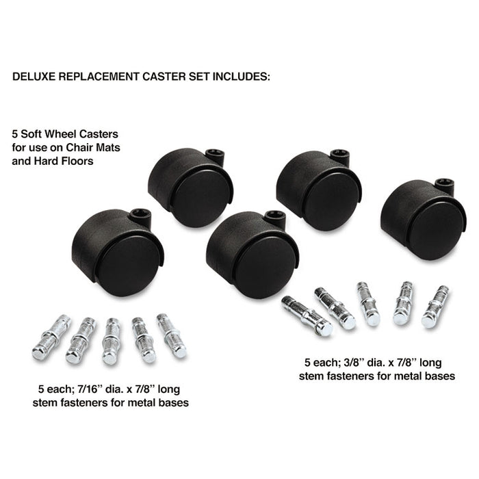 Deluxe Duet Casters, Polyurethane, B and K Stems, 110 lbs/Caster, 5/Set
