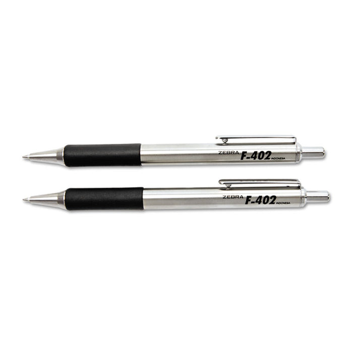 F-402 Ballpoint Pen, Retractable, Fine 0.7 mm, Black Ink, Stainless Steel/Black Barrel, 2/Pack