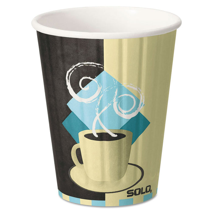 Duo Shield Hot Insulated 12oz Paper Cups, Tuscan, Chocolate/Blue/Beige, 40/Pk