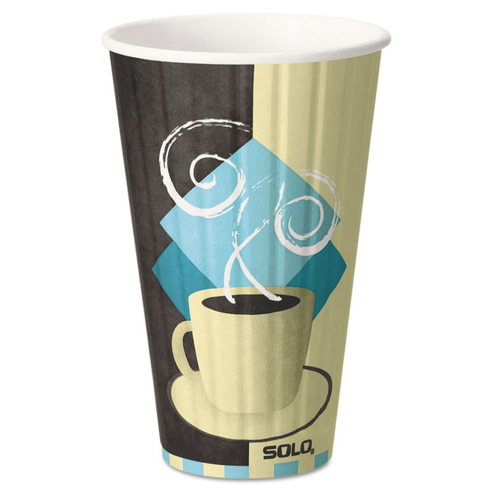 Duo Shield Insulated Paper Hot Cups, 16oz, Tuscan, Chocolate/Blue/Beige, 35/Pk