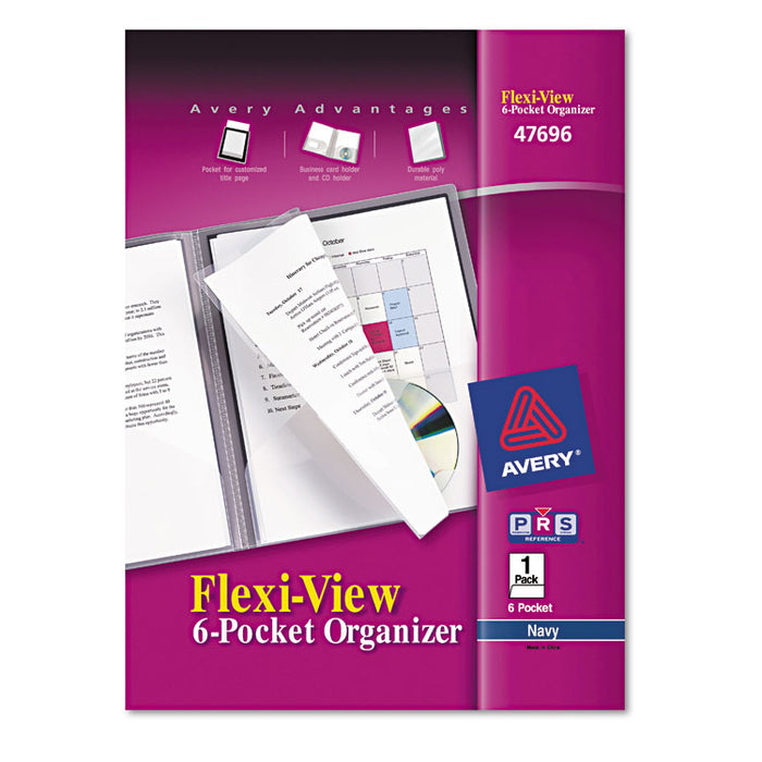 Flexi-View Six-Pocket Polypropylene Organizer, 150-Sheet Capacity, 11 x 8.5, Translucent/Navy