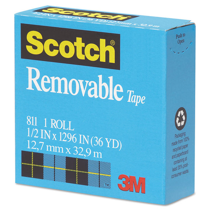 Removable Tape, 1" Core, 0.5" x 36 yds, Transparent