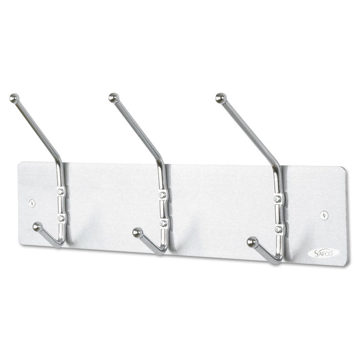 Metal Wall Rack, Three Ball-Tipped Double-Hooks, Metal, 18w x 3.75d x 7h, Satin