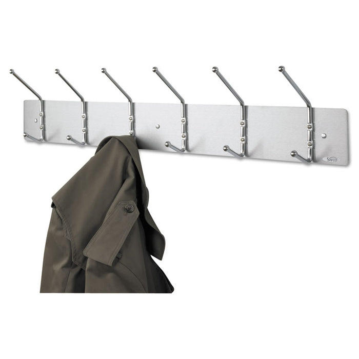 Metal Wall Rack, Six Ball-Tipped Double-Hooks, 36w x 3.75d x 7h, Satin Metal