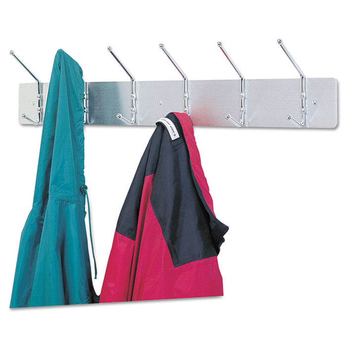 Metal Wall Rack, Six Ball-Tipped Double-Hooks, 36w x 3.75d x 7h, Satin Metal