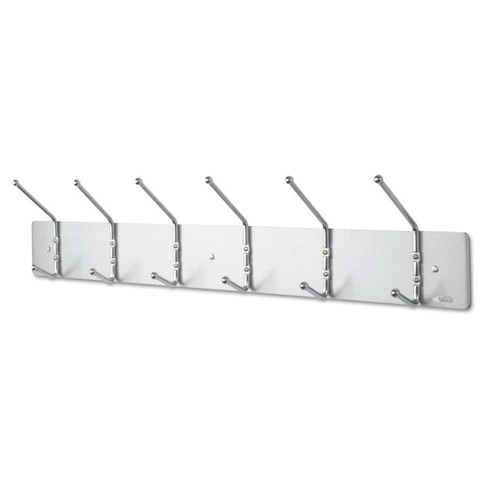 Metal Wall Rack, Six Ball-Tipped Double-Hooks, 36w x 3.75d x 7h, Satin Metal