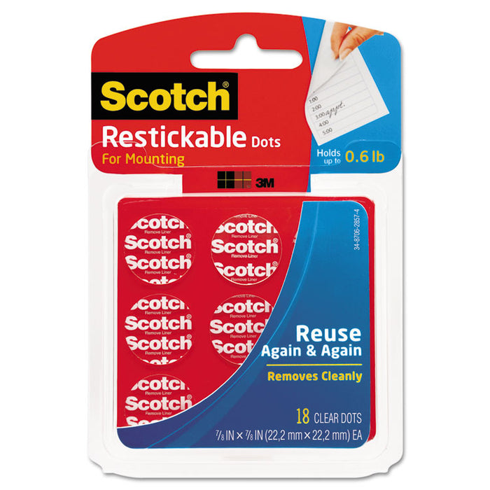 Restickable Mounting Tabs, Repositionable, Holds Up to 0.6 lb, 0.88 x 0.88, Clear, 18/Pack