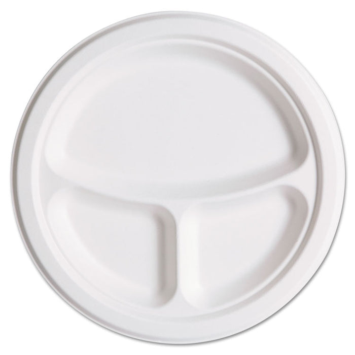 Renewable & Compostbl Sugarcane Plates Club Pack - 10" 3-Cmpt, 50/PK, 10 PK/CT