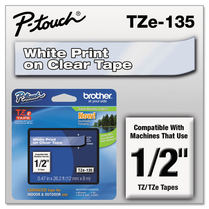 TZe Standard Adhesive Laminated Labeling Tape, 0.47" x 26.2 ft, White on Clear