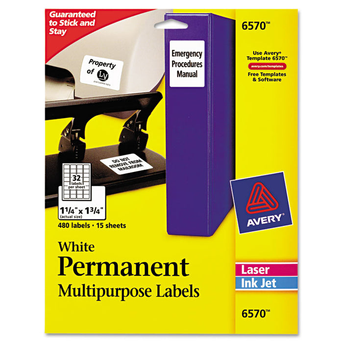 Permanent ID Labels w/ Sure Feed Technology, Inkjet/Laser Printers, 1.25 x 1.75, White, 32/Sheet, 15 Sheets/Pack