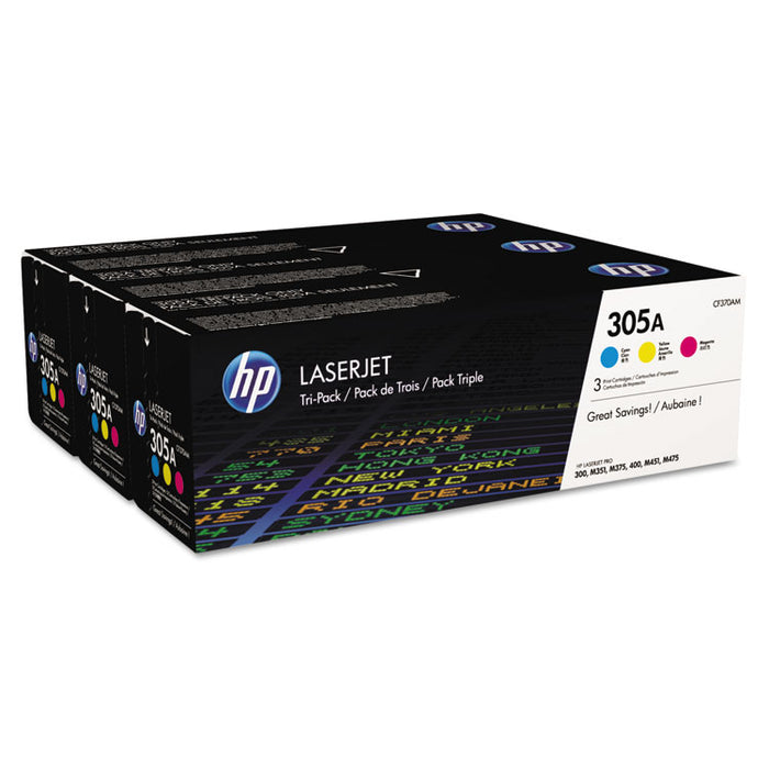 HP 305A, (CF370A-M) 3-pk Cyan/Magenta/Yellow Original LaserJet Toner Cartridges