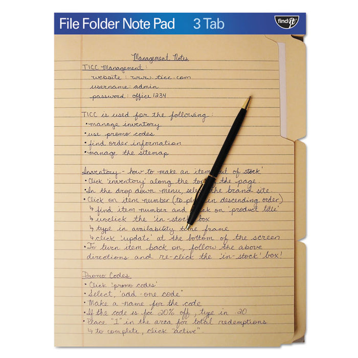 File Folder Note Pad, 1/3-Cut Tabs, Letter Size, Manila