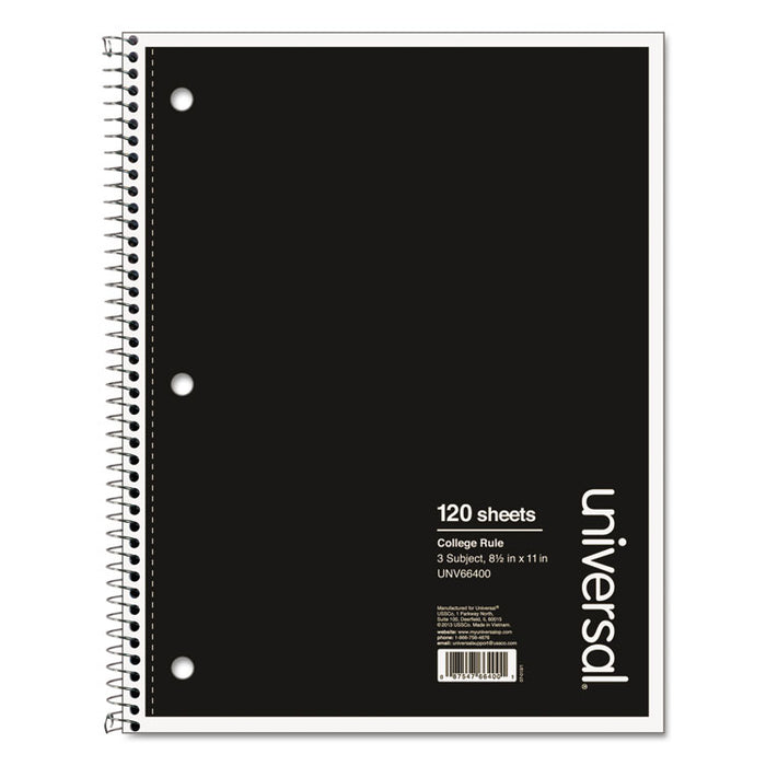Wirebound Notebook, 3 Subject, Medium/College Rule, Black Cover, 11 x 8.5, 120 Sheets
