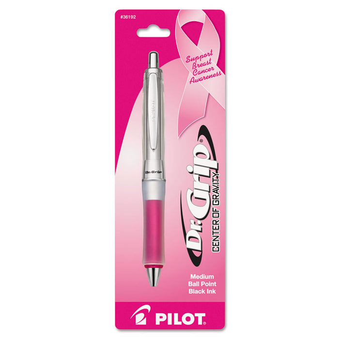 Dr. Grip Center of Gravity Breast Cancer Awareness Ballpoint Pen, Retractable, Medium 1mm, Black Ink, Silver/Pink Barrel