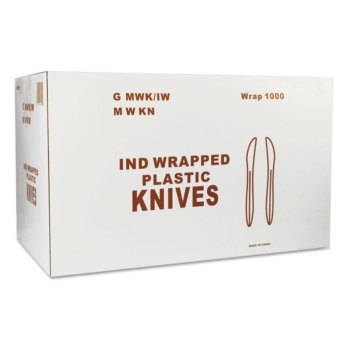 Wrapped Cutlery, 6.25" Knife, Mediumweight, Polypropylene, White, 1,000/Carton